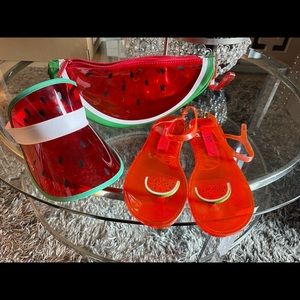 Watermelon Katey Perry sandals with matching sun visor and purse